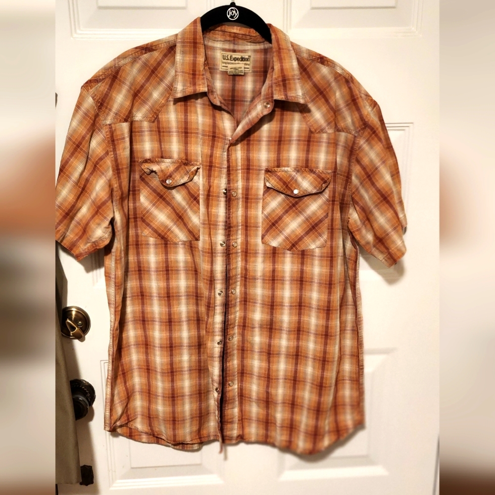 VINTAGE US Expedition Men's Short Sleeve Western Shirt Size L Brown/Tan